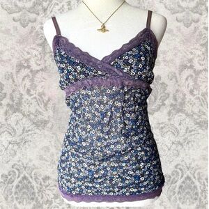 Floral Lace Trim Purple Coquette Y2K Summer Women’s Small Mesh Cami Top